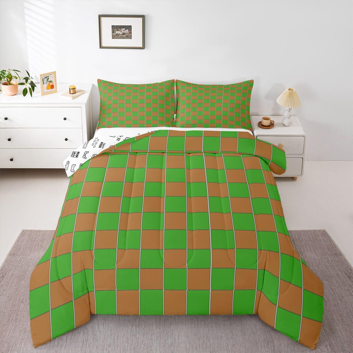 Erosebridal Gaming Checkered Twin Size Comforter Set Gamer Plaid Bedding Set Checkerboard Games Bedding Comforter Sets,Geometric Grids Quilt 2 Pcs