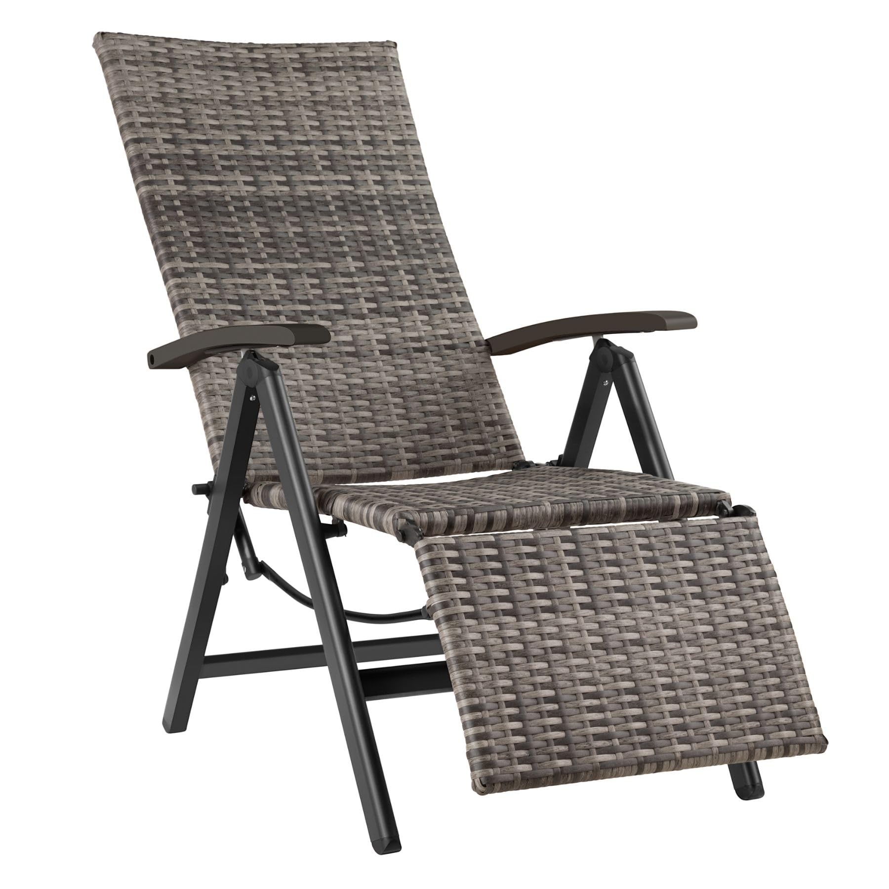 tectake®, Składany Fotel Ogrodowy, Rattanowe Krzesło Relaksacyjne, Regulacja Oparcia, Podnóżek, Plecionka UV, Aluminium, Antypoślizgowe Nóżki, Leżak Plażowy, Balkonowy, Na Taras (Szary)
