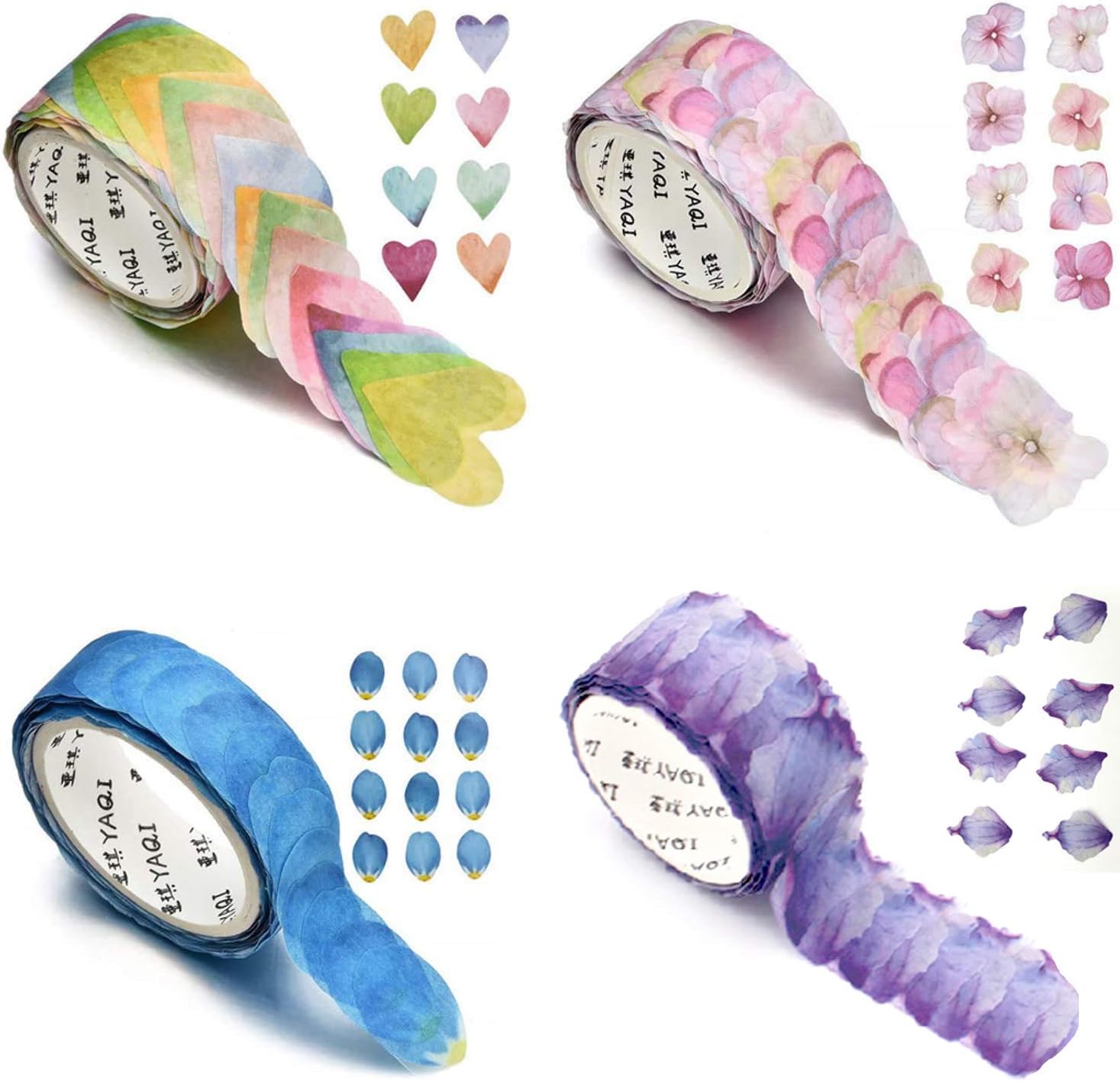 4 Roll Creative Flower Petal Washi Tape, Masking Tape Decorative Decals, DIY Petal Stickers for Scrapbooking, Diary, Planner, 200 Petals/Roll