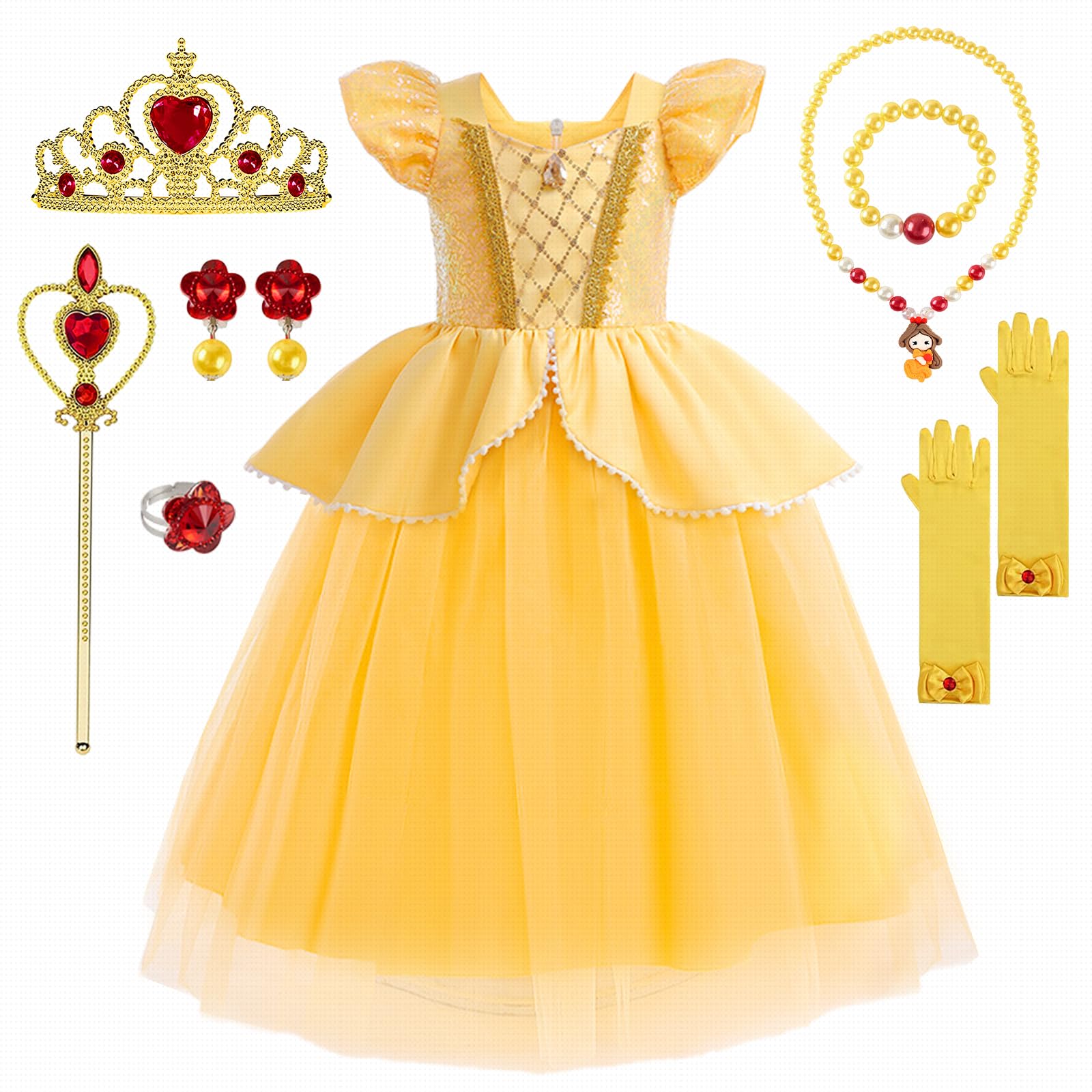 Vestito Principessa Bambina, Costume Rosa Bella e la Bestia con Set Corona Principessa, Bella Costume Carnevale per Regalo Bambina, Costume Bella e la Bestia per Compleanno Cosplay