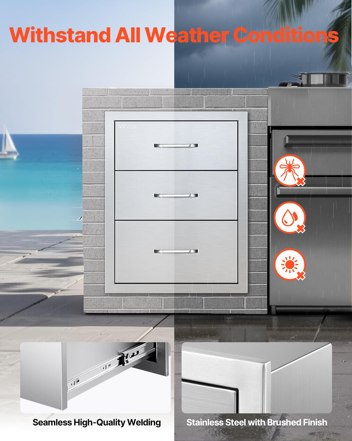 VEVOR Cajones de Cocina para Exterior 46 x 59 x 59 cm, 3 Cajones para Barbacoa de Triple Acceso con Asa de Aleación de Zinc, Cajonera para Cocinas al Aire Libre, Estación de Parrilla para Patio