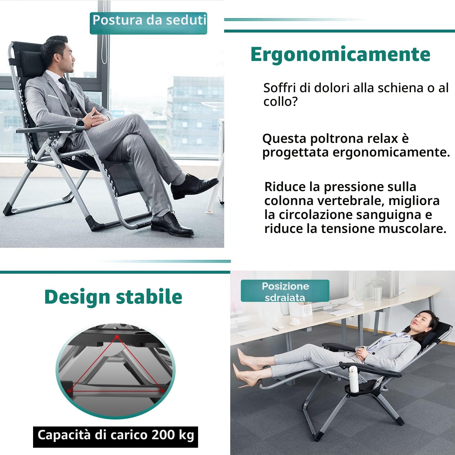 Sedia a Sdraio Pieghevole per Esterni, Senza Peso, con Cuscino, Regolabile, per Patio, Giardino, Spiaggia, Piscina, con Cuscino, 240 kg (Nero)