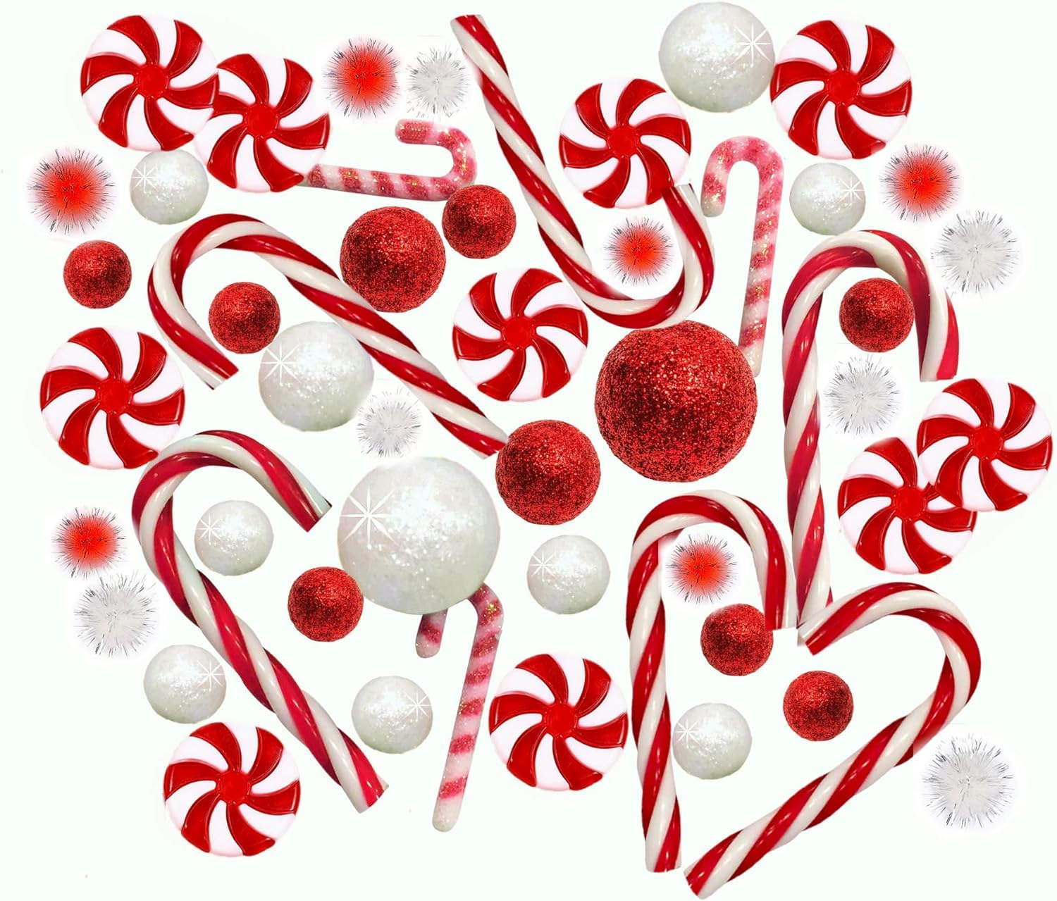 50 Floating Realistic Christmas Red & White Peppermints-Candy Canes-Fills 1 Gallon for Your Vases-with Measured Transparent Water Gels Floating Kit-Warm White Submersible Fairy Lights
