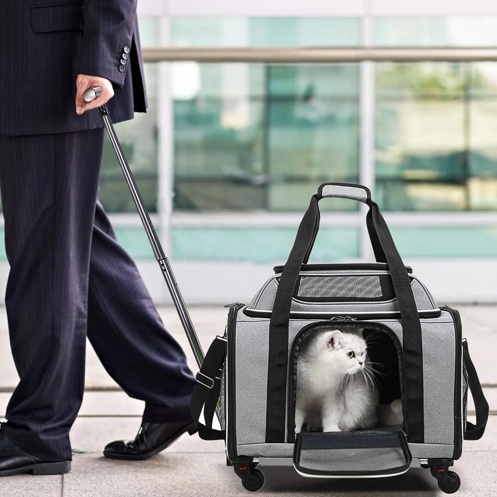 PETCUTE Transportín Perro Gato Mascotas,Transportín Transpirable para Mascotas con Ruedas,Plegable Bolsa Transporte de Viaje para Gatos con Asa Telescópica,Alfombrilla Extraíble,Carga de 8.5kg