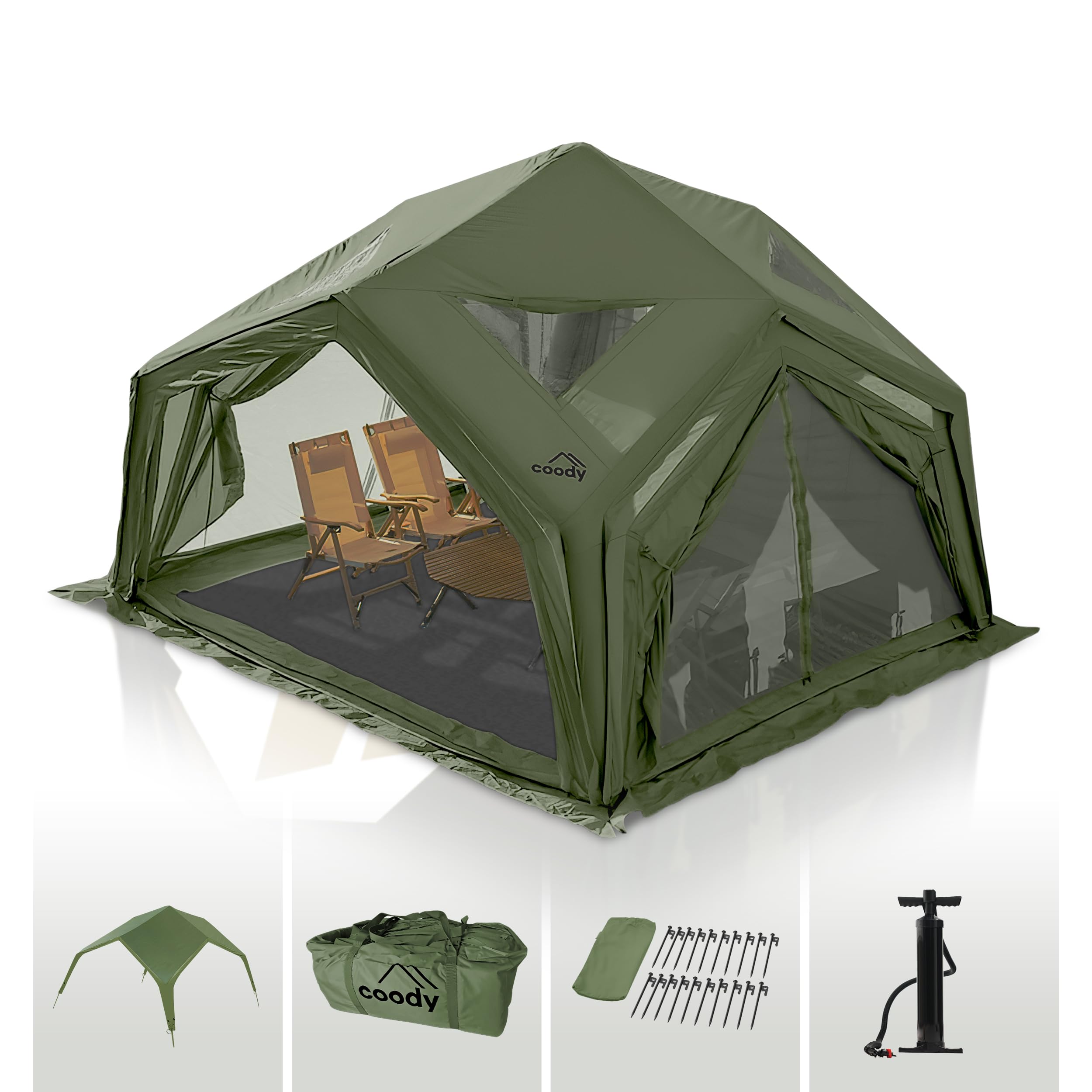 Coody | Rbm Outdoors Koala/Hub/Octopus Inflatable Tents for Camping with Stove Jack, 2/8/10 Person Luxury Canvas Blow Up Tent, 2 Room, Easy Setup Casa de Campaña, Large Inflatable House with Pump