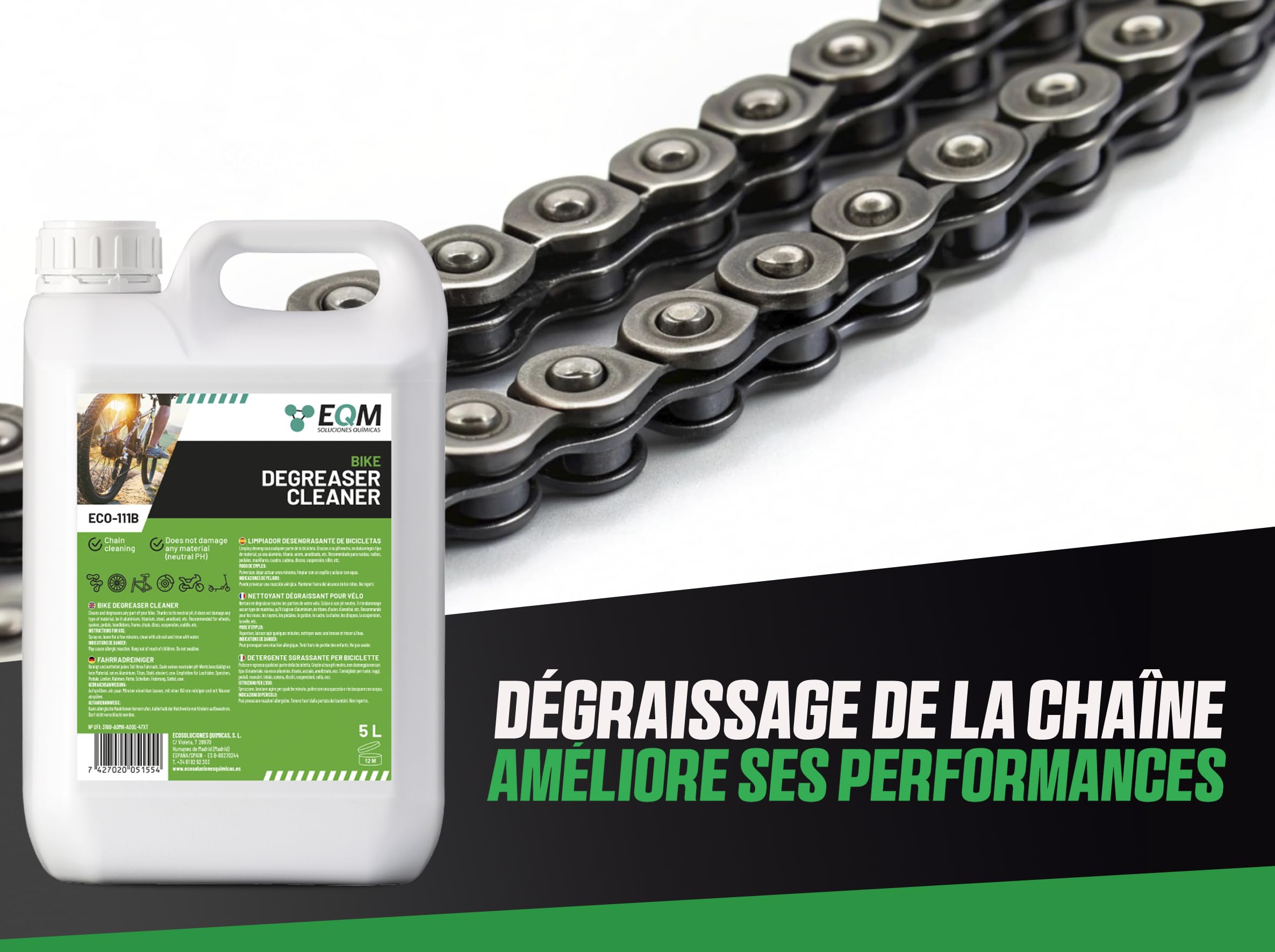 EQM - ECO-111B - Dégraissant pour Vélo - 5L - pH Neutre, Protège Toutes les Pièces - Dégraissant pour Chaînes