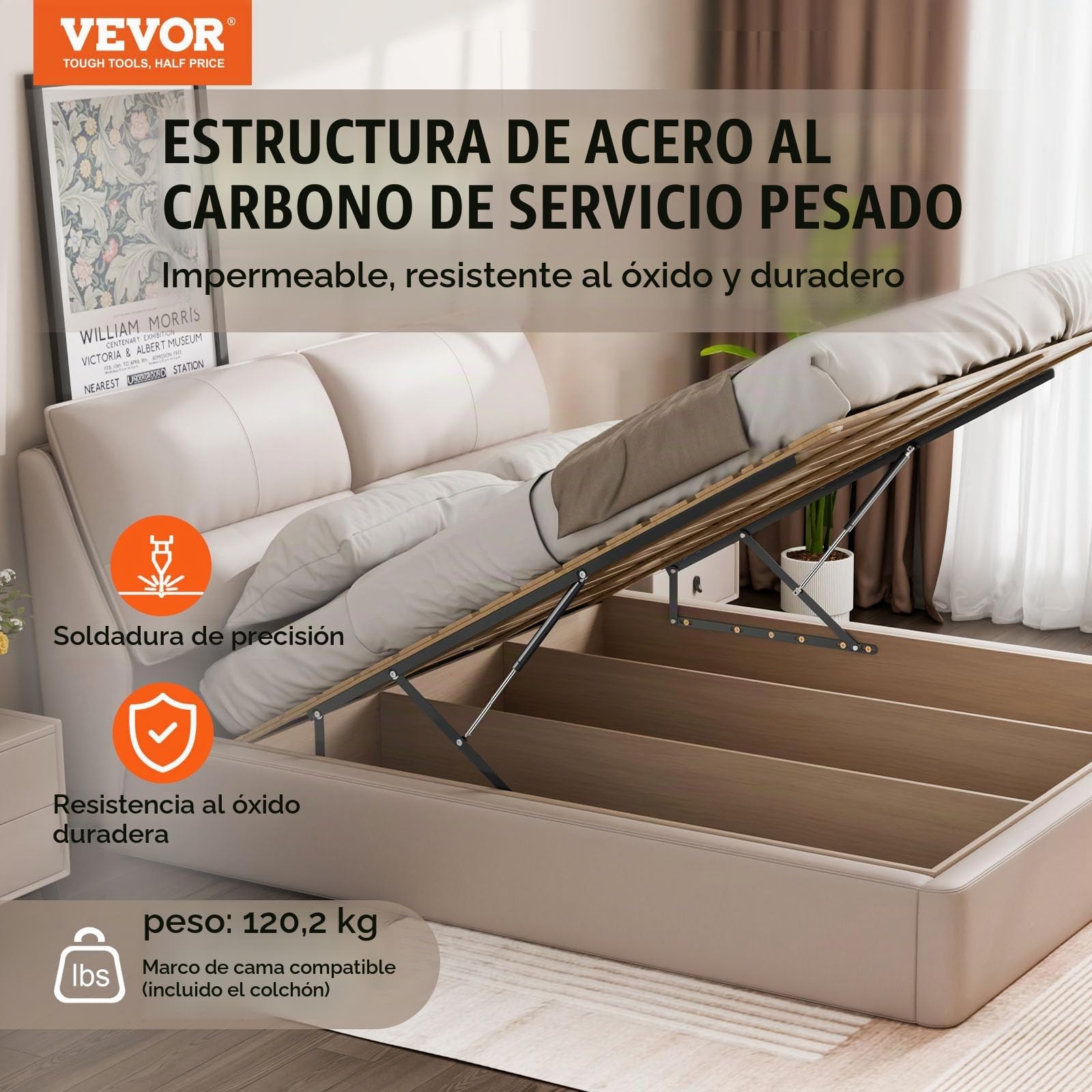 VEVOR Elevador de Cama Compatible de 150 x 200 cm Capacidad de 120 kg Kit de Hardware Mecánico de Cama Palanca Neumática Vertical de Lujo Soporte de Cama Resistente para Habitación de Invitados