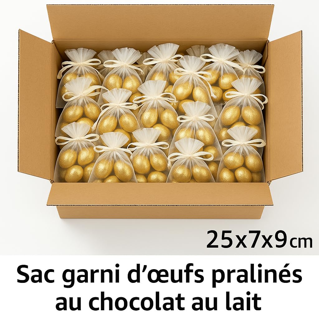 Dupleix - lot de 25 Sacs de 6 Œufs Pralinés Chocolat au Lait sous alu or – Présentés en Sac Organza taille 7 * 9 – Idéal Pâques, Hôtellerie, Cadeaux Invités, Événements