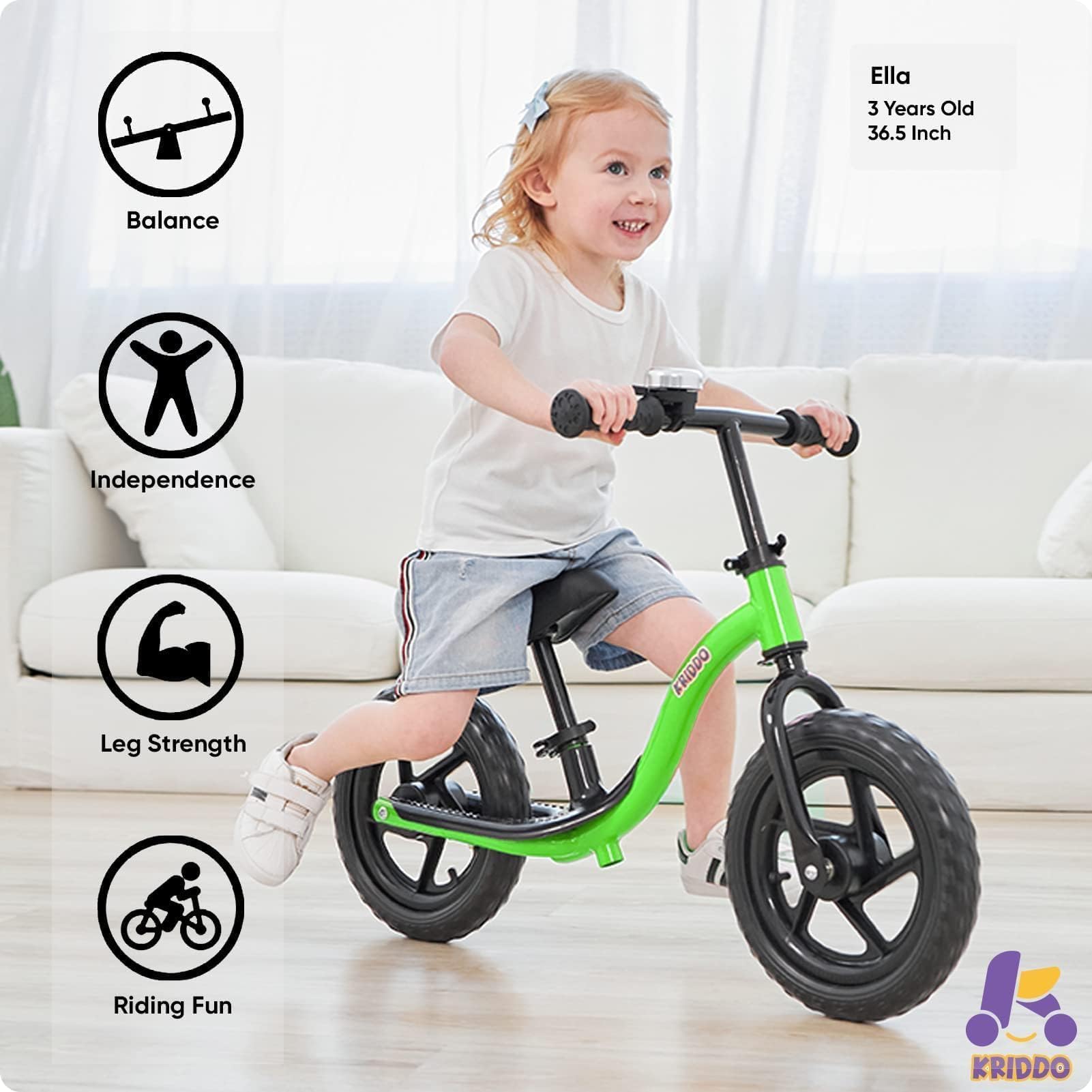 KRIDDO Toddler Balance Bike 2 Year Old, Age 18 Months to 5 Years Old, Early Learning Interactive Push Bicycle with Steady Balancing and Footrest, Gift Bike for 2-5 Boys Girls, GN