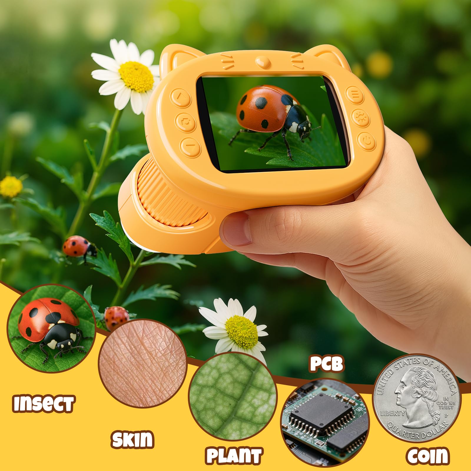 Mikroskop für Kinder Lupe，Digitales 4K Taschenmikroskop mit 2,4" IPS Display, 1000X Vergrößerung (Yellow)