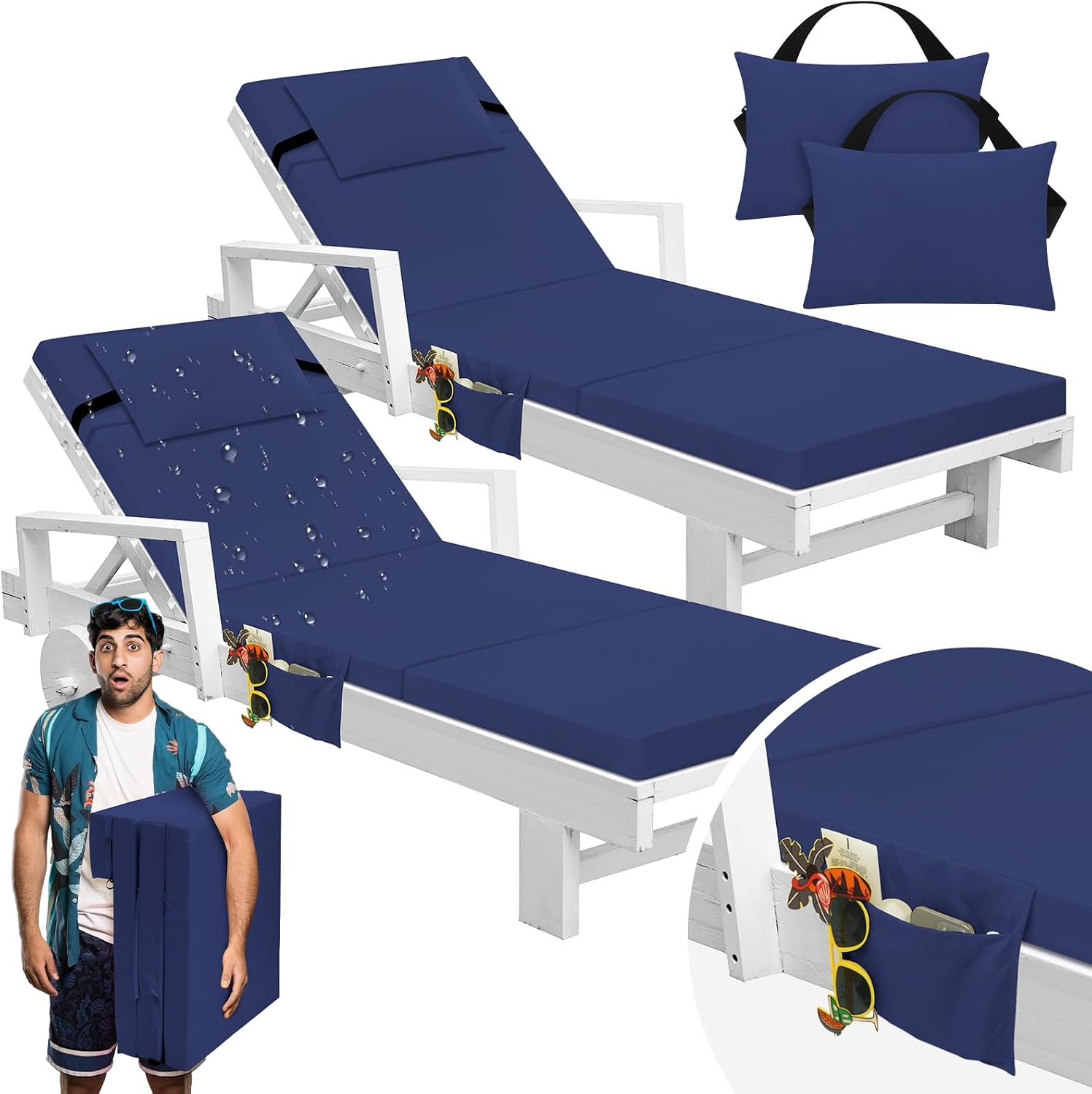 Bucherry 2 Pcs Chaise Lounge Cushions Outdoor with Headrest and Side Pocket Waterproof Chair Cushions Fade Resistant Patio Replacement Cushion Outdoor Furniture Pool 72 x 21 x 3 Inch(Navy Blue)