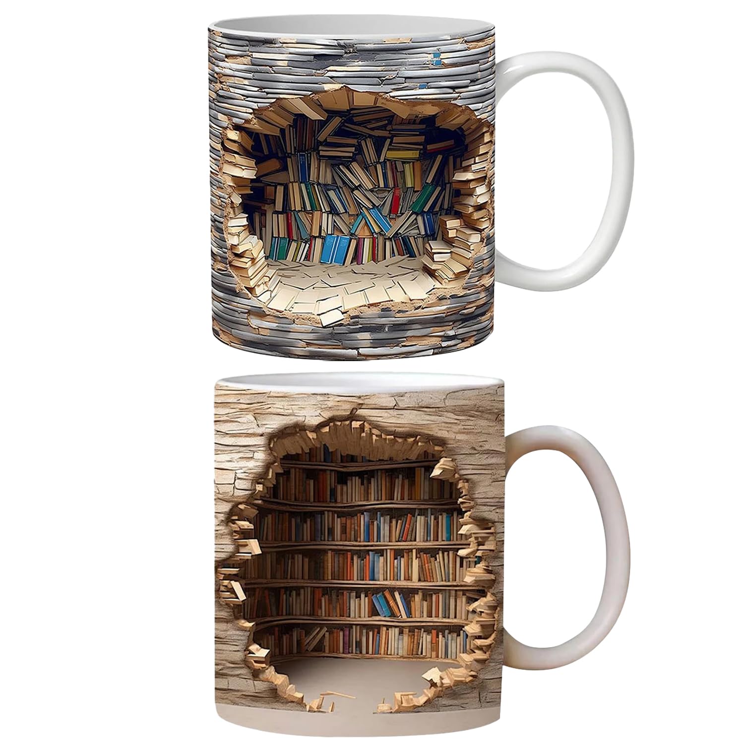 JSvsza 3D Bookshelf Coffee Mug, Library Bookshelf Mug, Book Lovers Coffee Mug,3d bookshelves hole in a wall mug, Creative Space Design Multi-Purpose Ceramic Mug, A Gift for Readers, 2PCS BC
