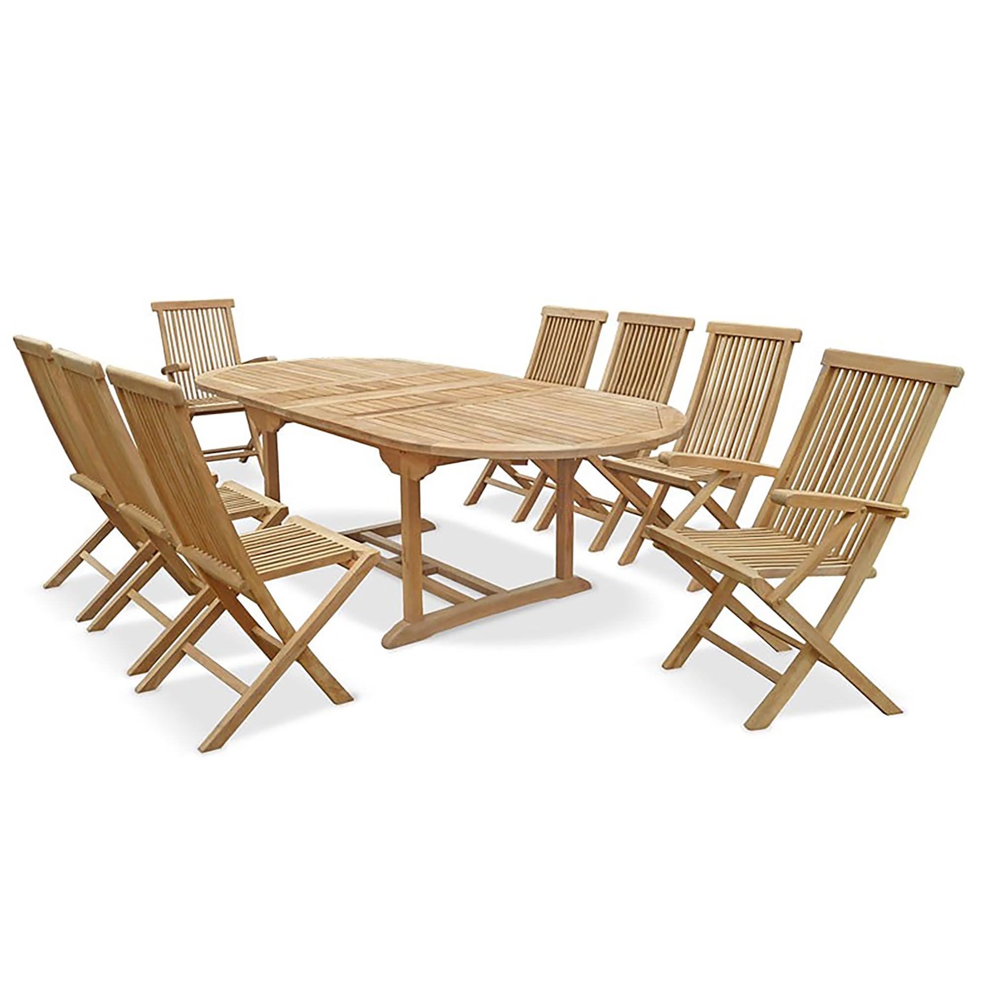 Jati Oxburgh Grade-A Teak Garden Set - 1.8-2.4M Extending Oval Table, 6 Newhaven Side Chairs, 2 Armchairs