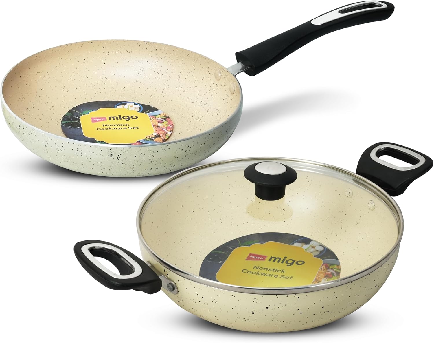Impex Migo Nonstick Cookware Set | 3 Pcs Induction Bottom With 3 mm Thickness | Aluminium With Granite Finish | 5 Layer Super Granite Coating | PFOA Free | 1 Year Warranty – FKB BEIGE