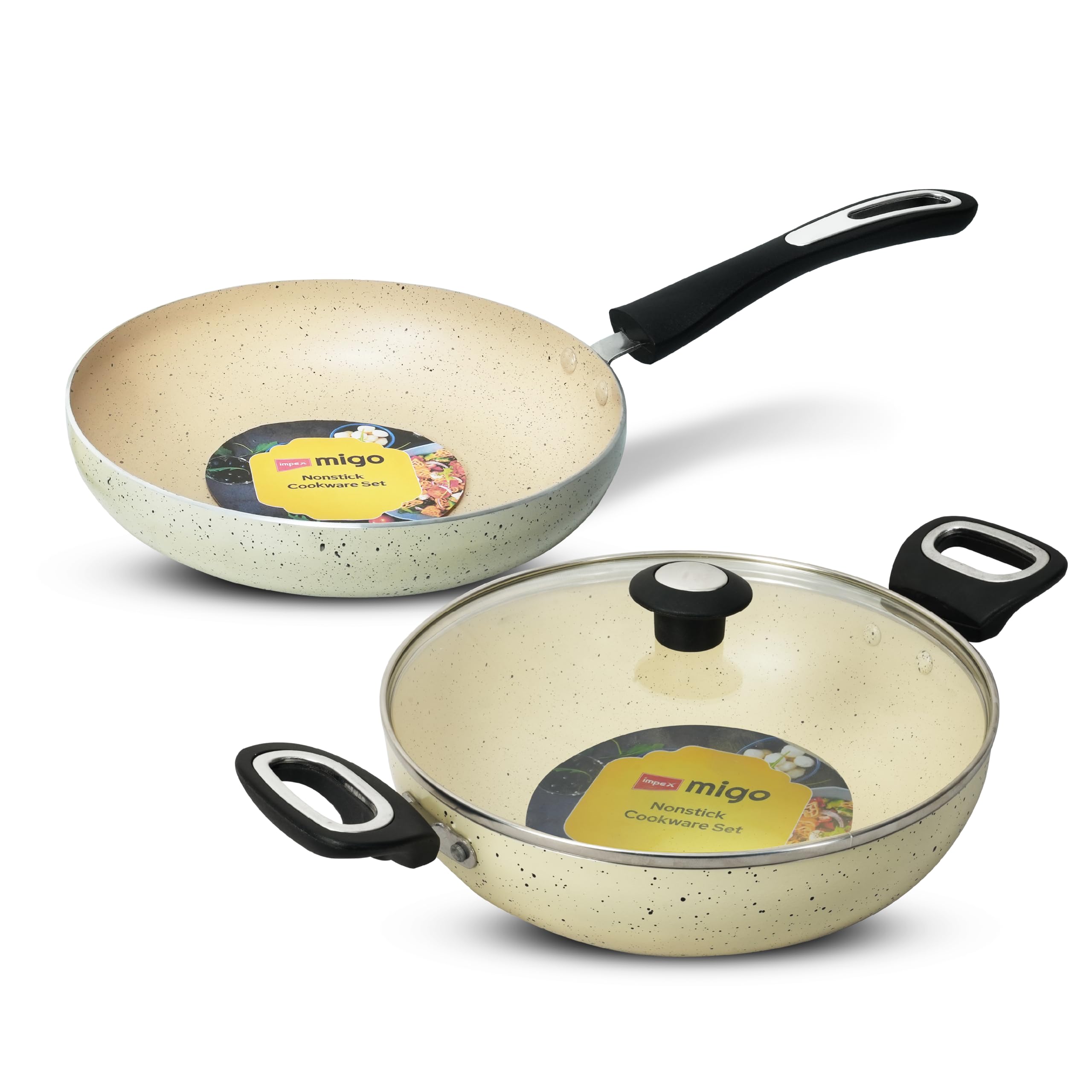 Impex Migo Nonstick Cookware Set | 3 Pcs Induction Bottom With 3 mm Thickness | Aluminium With Granite Finish | 5 Layer Super Granite Coating | PFOA Free | 1 Year Warranty