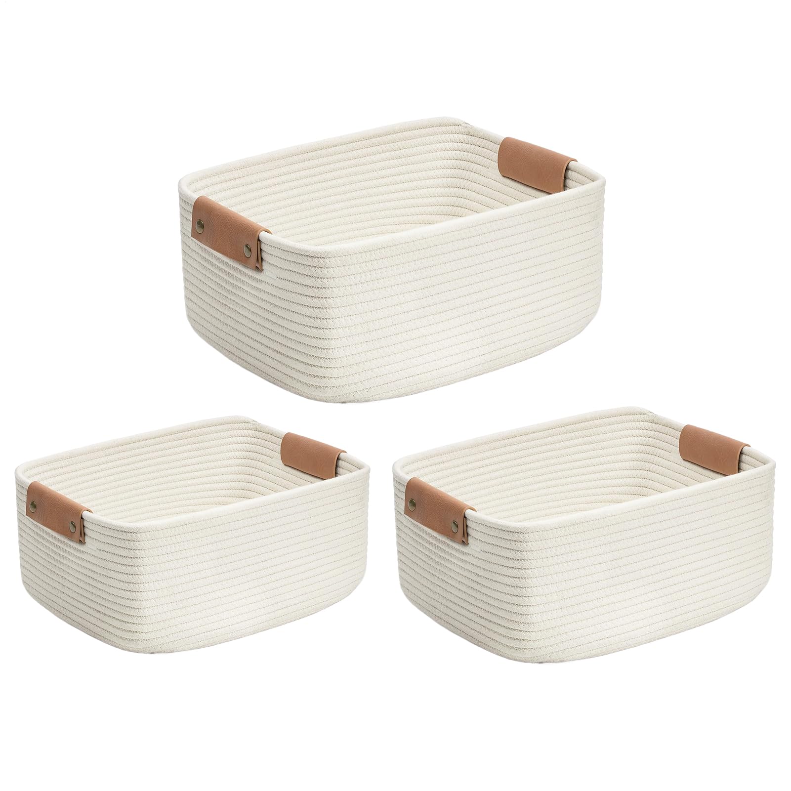 Cesto Intrecciato Scatole Decorative In Morbida Corda Di Cotone Da 3 Pezzi | Organizzatore Per Cestini Per Soggiorno Camera da Camera dei Bambini Comodini Scrivanie Bagno Lavanderia