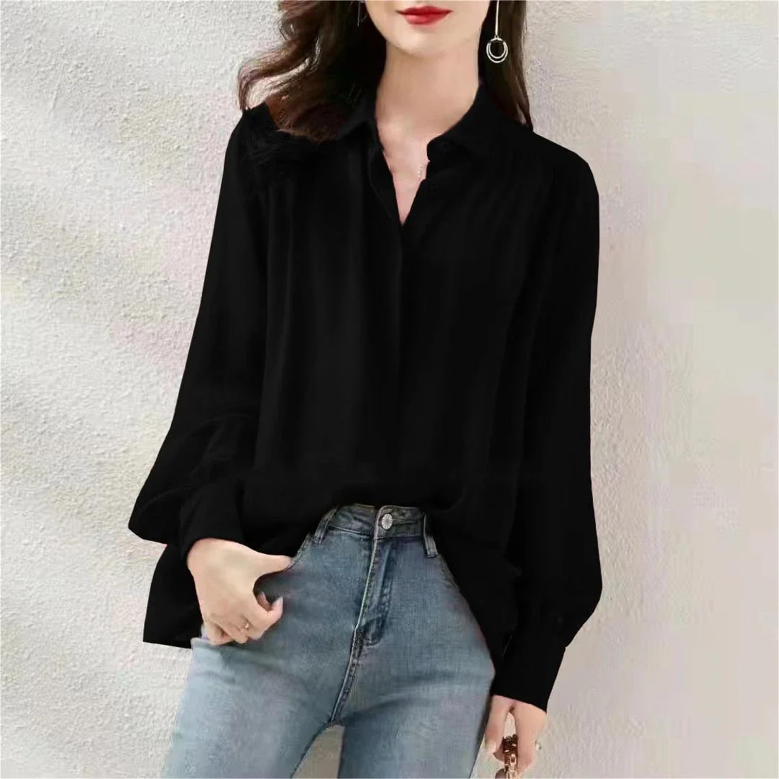 Vogrtcc Camisa de gasa para mujer, de manga larga, para oficina, holgada, con botones, de seda