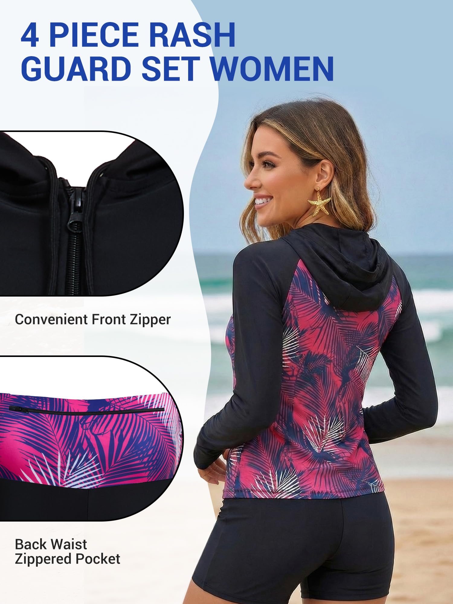Owntop UV Rashguard Set Damen 4-teilig – Langarm Schwimmshirt mit UV Schutz, Badehose & Bikini Top, Funktionale Swimwear für Strand Schwimmen Wassersport
