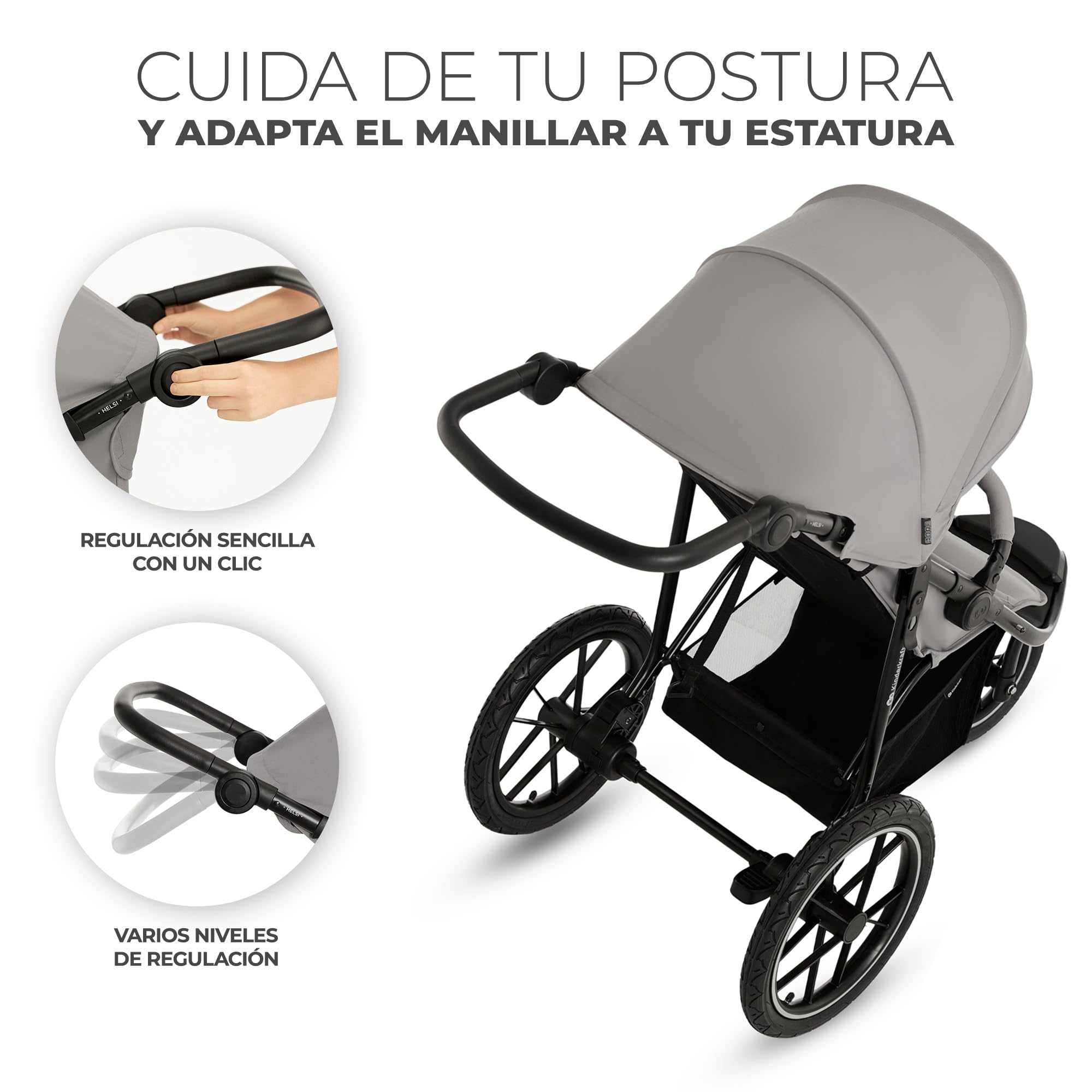 Kinderkraft HELSI 2, Jogger, Silla de Paseo, Para Bebés, 3 Ruedas, Para cada Terreno, Desde el Nacimiento hasta 22 Kg, Rueads Neumaticas, Off Road, Cesta Grande, Gris