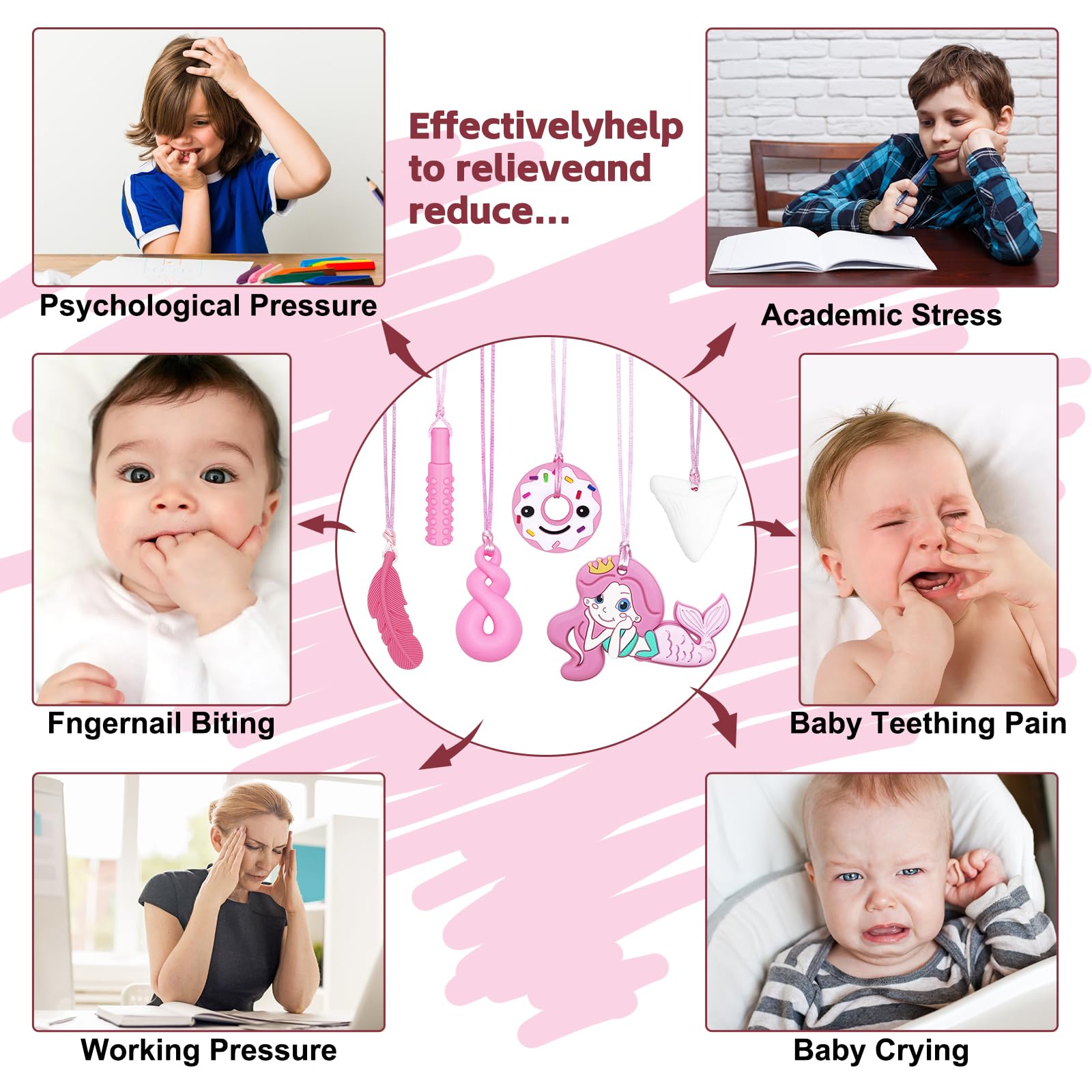 CLDY Sensoryczny naszyjnik do żucia, zabawki do żucia dla dzieci z autyzmem, ADHD, gryzące potrzeby, silikonowy naszyjnik wykonany z silikonu klasy spożywczej, dla chłopców i dziewcząt, 6 szt