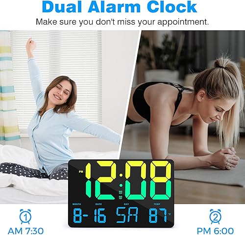 Miniatura 6 de Poeroa Reloj de pared digital para dormitorio, reloj digital LED de 11.5 pulgadas, pantalla grande, con control remoto, atenuador, calendario, reloj