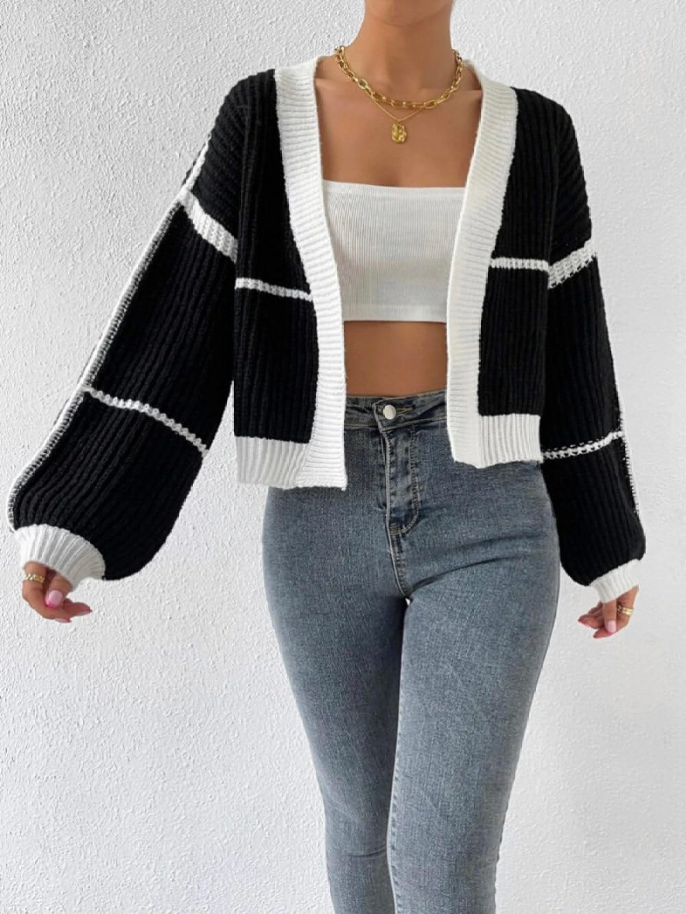 Cárdigan Corto para Mujer Cárdigan de Punto Grueso En Contraste Suéter Corto Abierto para Mujer Abrigo de Punto para Otoño e Invierno Chaqueta de Punto Jerséis Y Tops para Uso Diario.