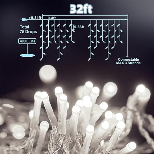 Miniatura 3 de LANFU 400 luces LED, 32 pies, 75 gotas de luces de carámbano, luces de Navidad para decoración de interiores y exteriores, tira de luces