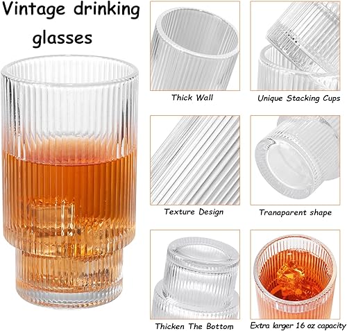 Miniatura 2 de Vasos de cristal acanalados vintage  11 onzas de cristal vintage apilables estilo origami vasos de vidrio con rayas verticales estriadas vasos de