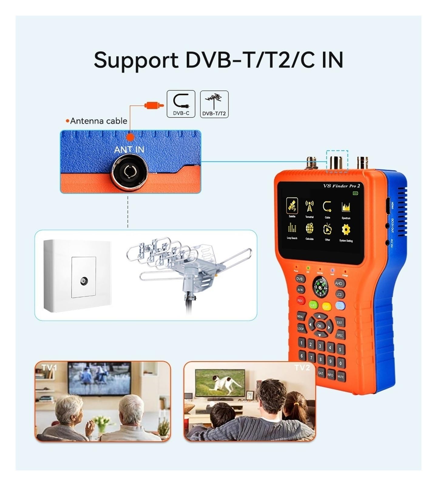 Buscador portátil V8 buscador de satélite DVB-S2/S2X H.264/H.265 Receptor de señal de TV Digital decodificador HD con Pantalla LCD Pantalla LCD