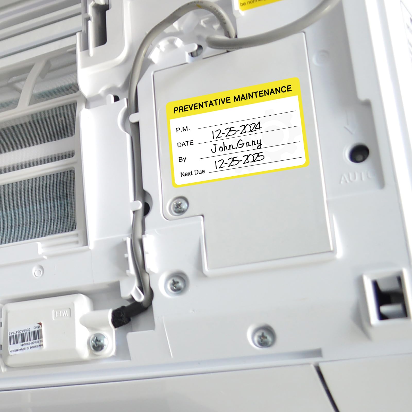 120 calcomanías de mantenimiento preventivo, etiquetas de servicio para equipos, calcomanías de mantenimiento autoadhesivas de 3 x 2 pulgadas (amarillo)