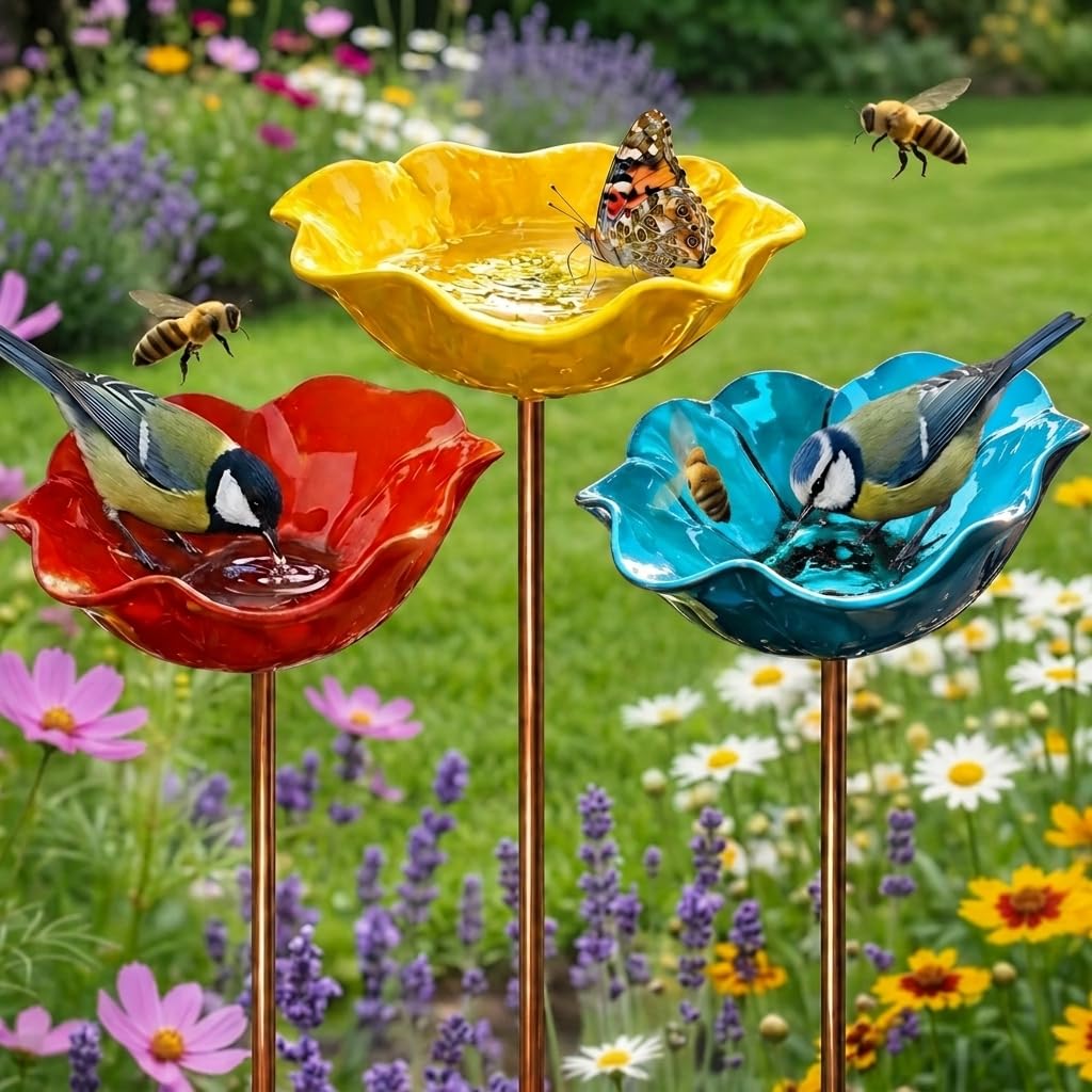 Bain d'oiseaux,Abreuvoir pour Oiseaux d'Extérieur Forme de Fleur,Mangeoire Oiseaux d'Extérieur avec Socle,pour Oiseaux et Abeilles,Piquet métallique,Alimentation et Abri pour Oisea (Rouge,Jaune,Bleu)