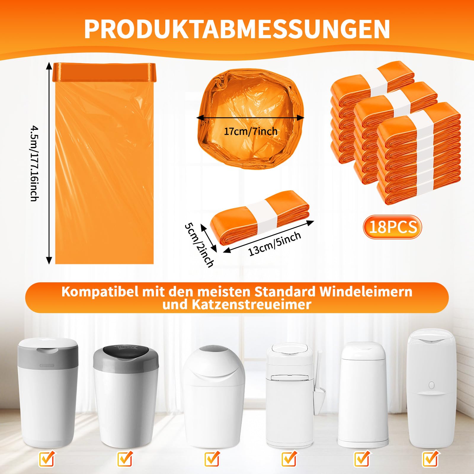 Lot de 18 recharge poubelle à couches, sac poubelle couche en film de 4,5 m, anti-odeurs et épais, compatibles avec les poubelles à couches et les bacs à litière pour chats