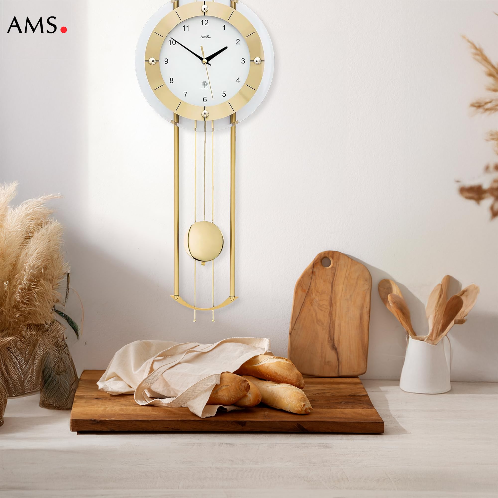 AMS 5257 Wanduhr - mit Funkpendelwerk, Elegante Funkpendeluhr, Uhr mit Pendel, Funkwanduhr mit arabischen Ziffern, Facettiertes Mineralglas, Pendeluhr für Wohnzimmer & Büro, Maße: 68 x 24 x 7 cm