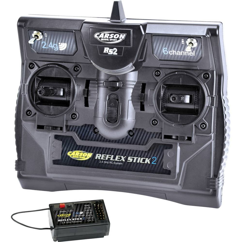 Carson – FS Reflex Stick II 2.4 GHz – 6-Kanal-Fernsteueranlage, Fernbedienung mit Empfänger für Modellbau-Fahrzeuge wie RC Autos und Schiffe, Schwarz