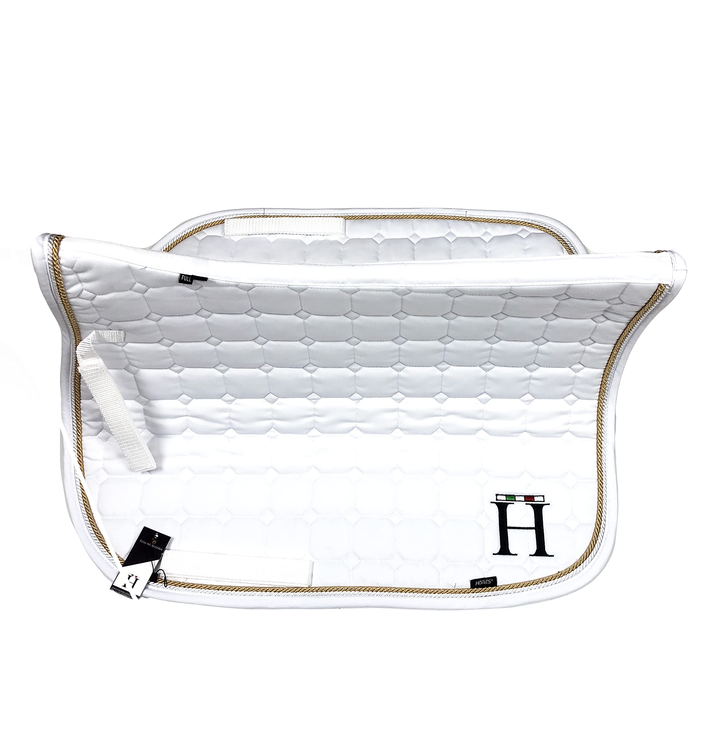 Horses, Mantilla para Caballos Ideal para Salto Ecuestre 100% Algodón, Cierre de Velcro, Ribete Trenzado, Antichoque (blanco/oro frío)