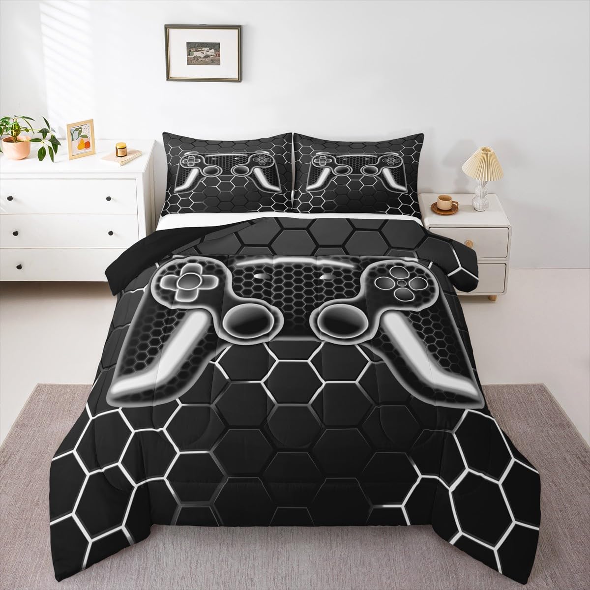 Erosebridal Gamer Boys Comforter Set King Size,Kids Gaming Bedding Sets for Teen Boy Men,Neon Black Grey Honeycomb Comforter Video Game Room Decor for
