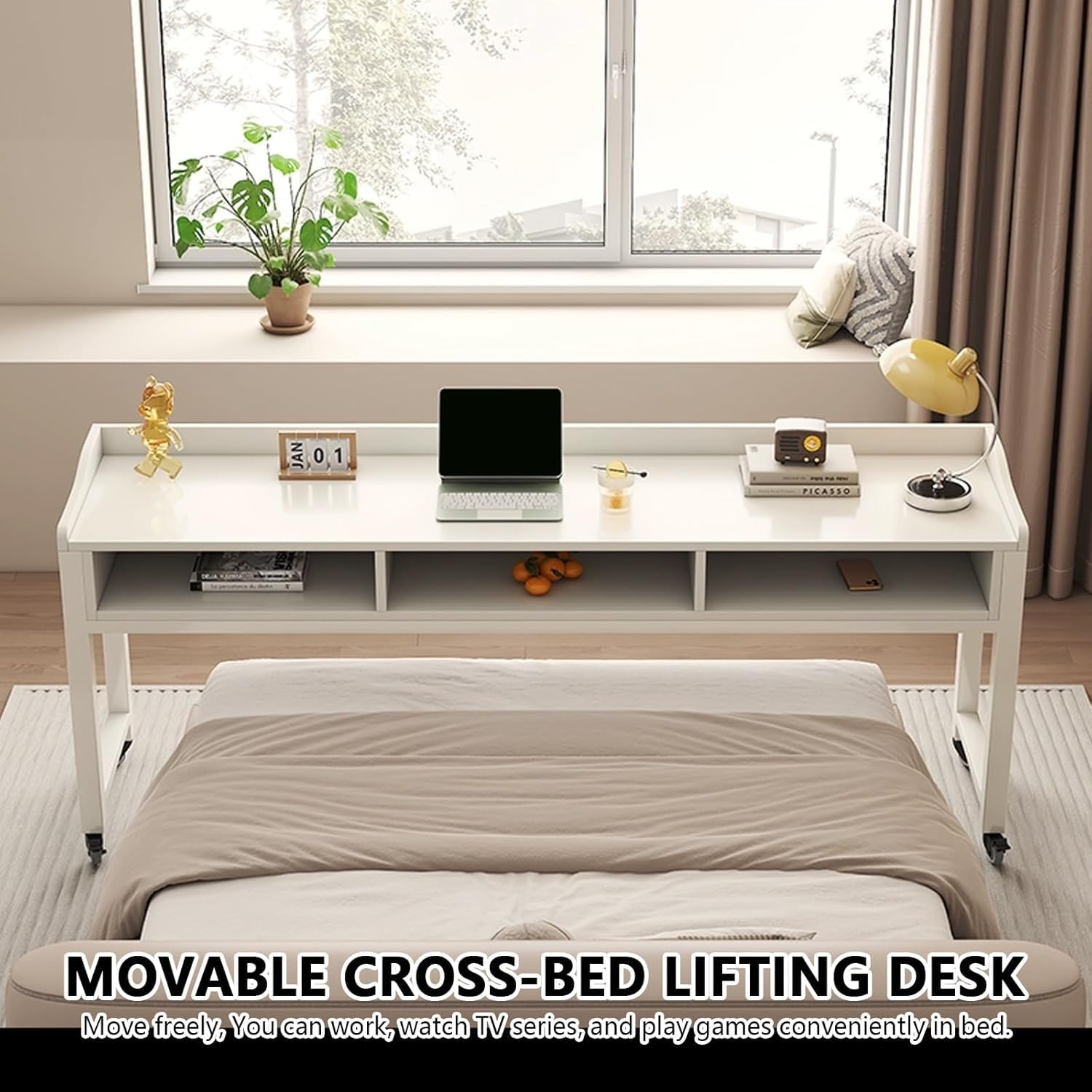 Mesa de cama con ruedas, escritorio móvil con almacenamiento, mesita de noche para laptop, estación de trabajo para dormitorio, ideal para trabajar y escribir