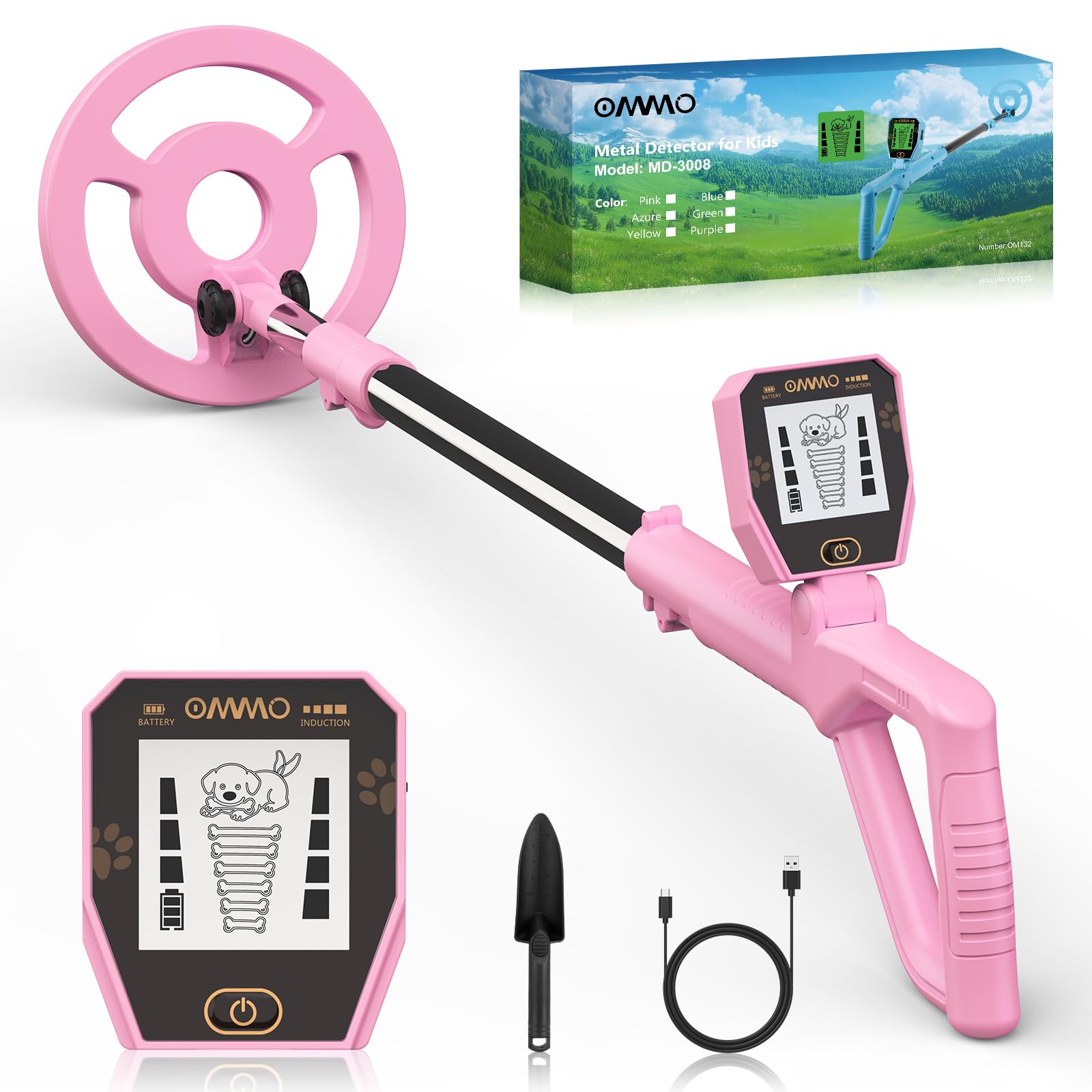 OMMO Kids Metal Detector, Rechargeable Adjustable Metal Detector for Kids with Funny LCD Display, Lightweight Metal Detectors with 6” Search Coil for Exploration Hiking (Pink)