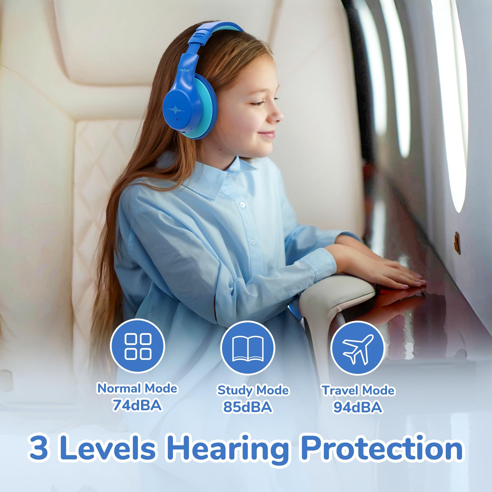 EarFun Auriculares Niños Bluetooth con Micro, Réduction Active Bruit,Azul