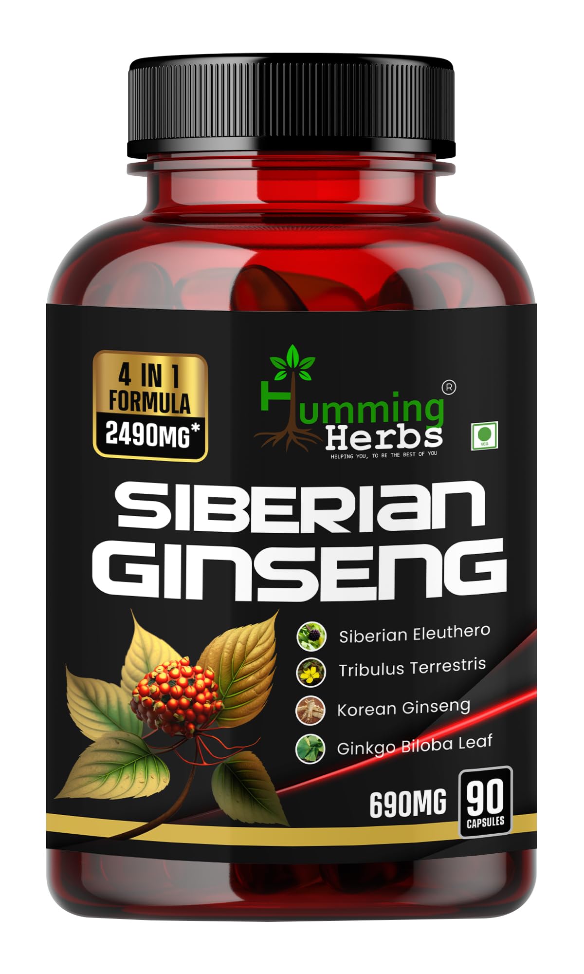 Humming Herb Siberian Ginseng | Energy Boosting, Immune Supporting & Performance Enhancing | Includes Ginkgo Biloba Leaf, Tribulus Terrestris & Korean Eleuthero Root Extract Ginseng- 2490mg - 90 Cap
