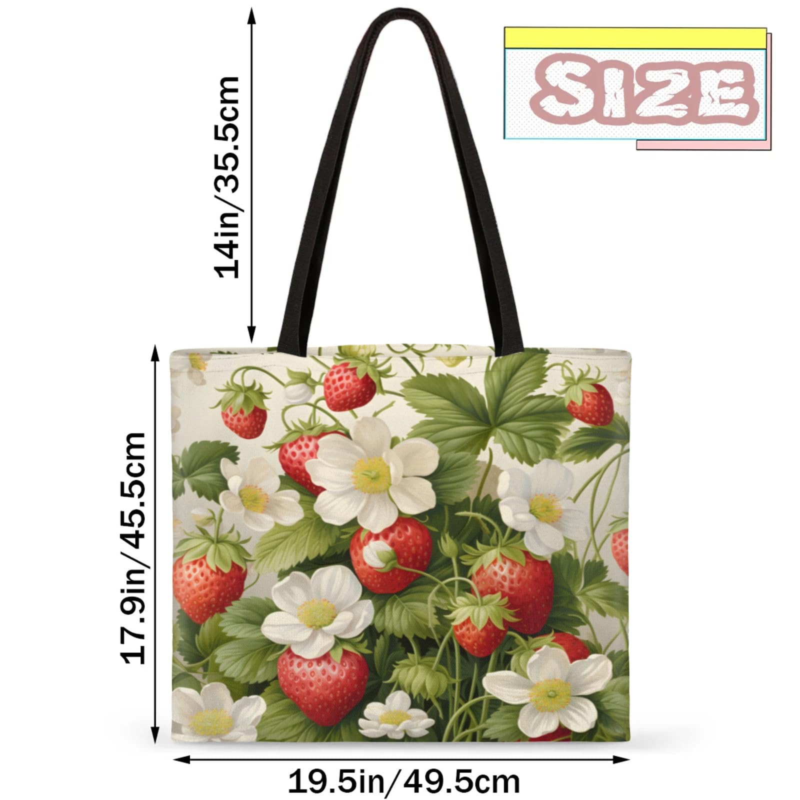 Mularoka Strawberry Flower Leaf Watercolour Square Canvas Tote Bag Top Handle Purses Stylish Women Canvas Shoulder Tote Bags Reusable Handbags for Work Travel Picnic Beach Shopping Gym Hiking