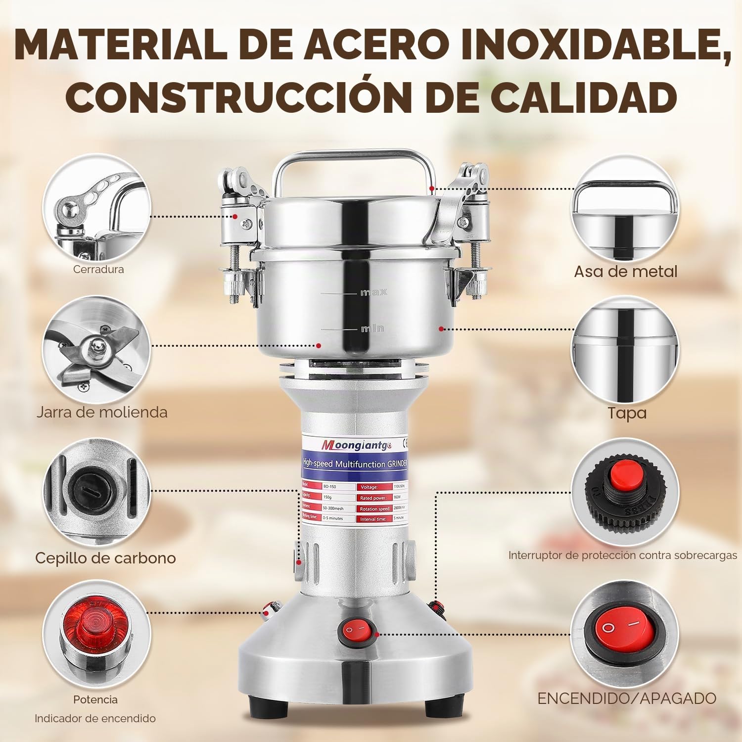Moongiantgo Molino de Cereales Eléctrico 150g Molinillo de Grano y Especias Acero inoxidable, 950W 28000RPM Motor Comercial & 30s Molienda Superfina de Alta Velocidad, para Cereal/Hierba/Especia/Nuez