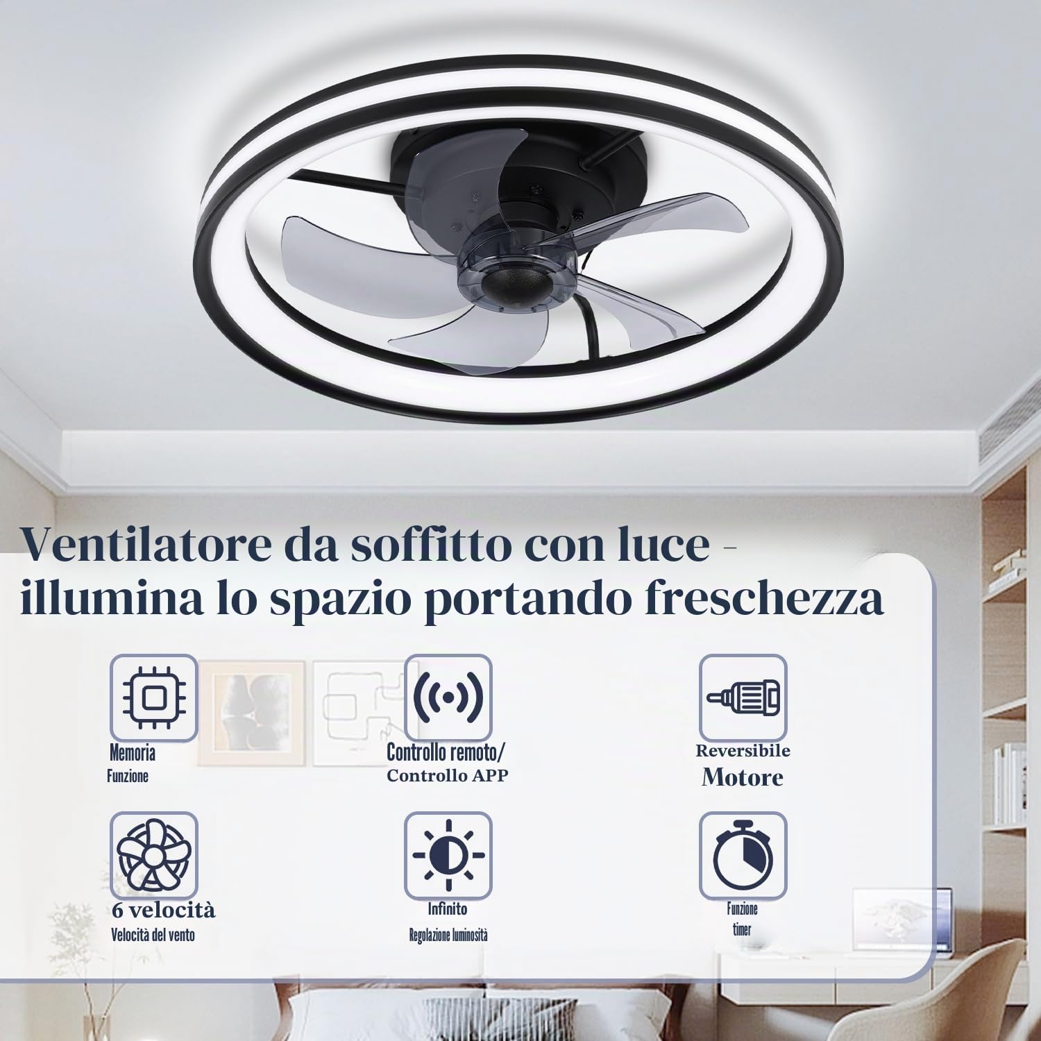 Ventilatore da soffitto con luce Ø50cm, telecomando, 6 velocità, 3 colori dimmerabili, modalità estate-inverno, timer