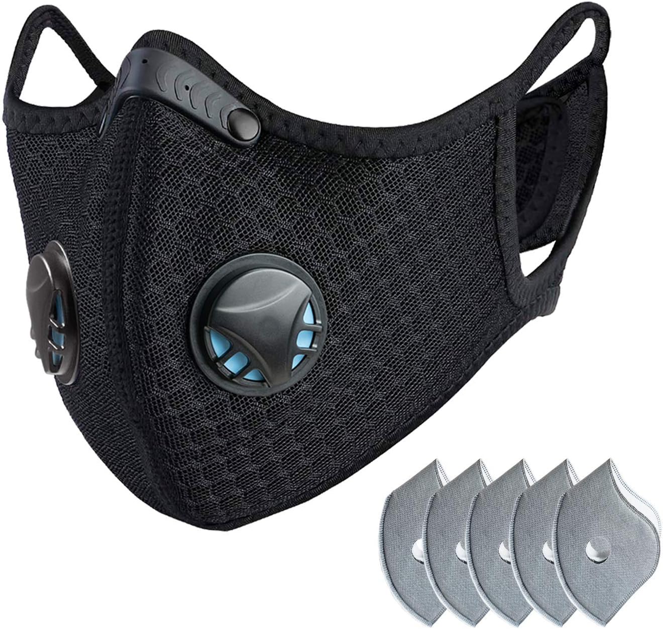 Dust mask with Filter,Sports Face Mask, 5 Filters and 2 Valves Included,Replaceable Filters and Washable Masks for Running, Cycling, Skiing Motorbikes, Outdoor Activities(Black with Logo)