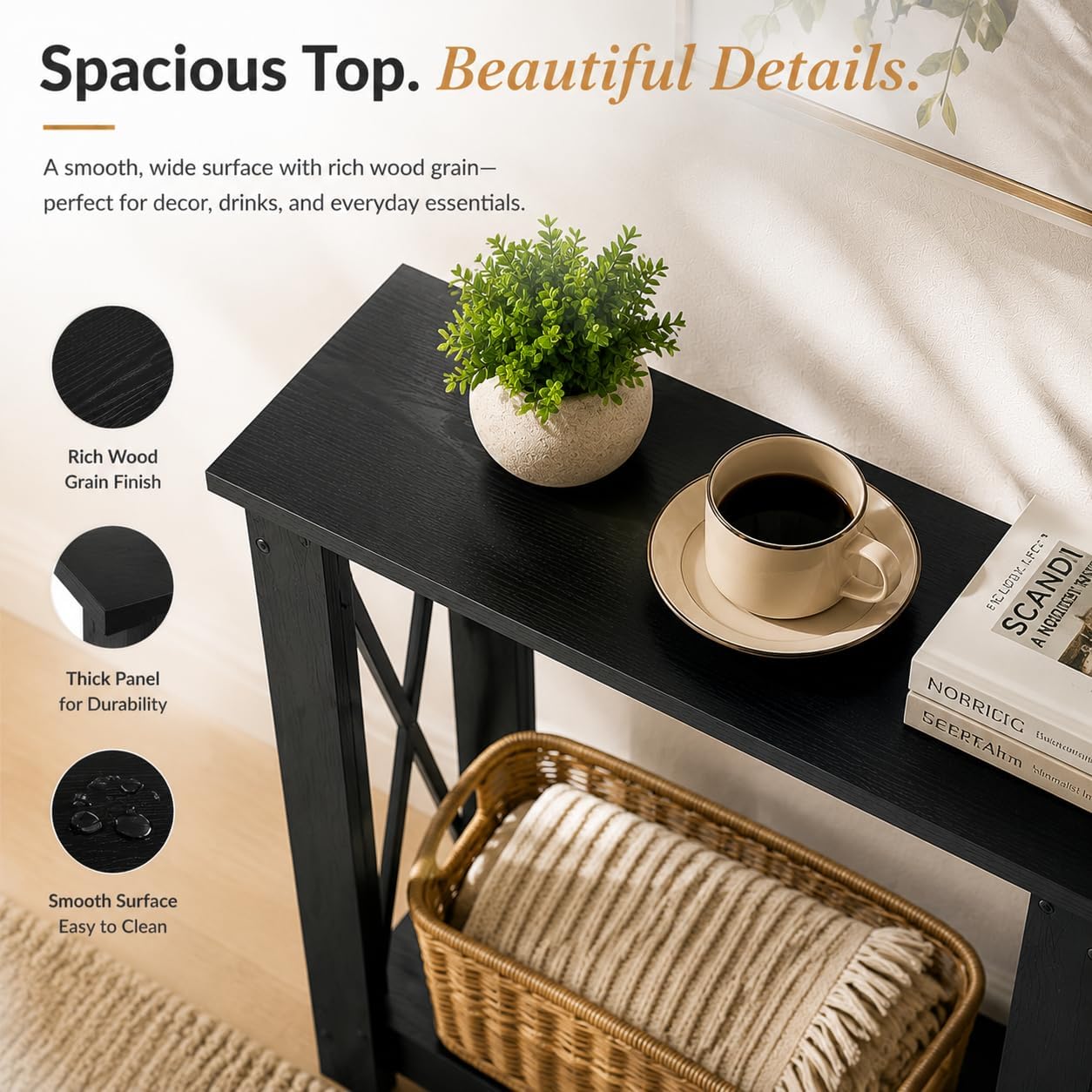 Narrow Side Table, 6.6" Ultra Slim End Table, 2 Tier Storage, Black