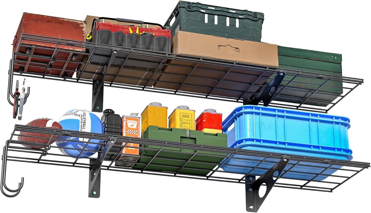 EVERHANGER Garage Wall Shelves, 18 X 12”nch Wall Mounted Storage Shelves, Heavy Duty Metal Shelving with Hooks, 2 Pack, Black Black 48X 12inch