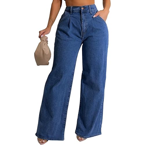 Women's Wide Leg Stretchy Straight High Waist Baggy Denim Jeans Loose Boyfriend Casual Jeans