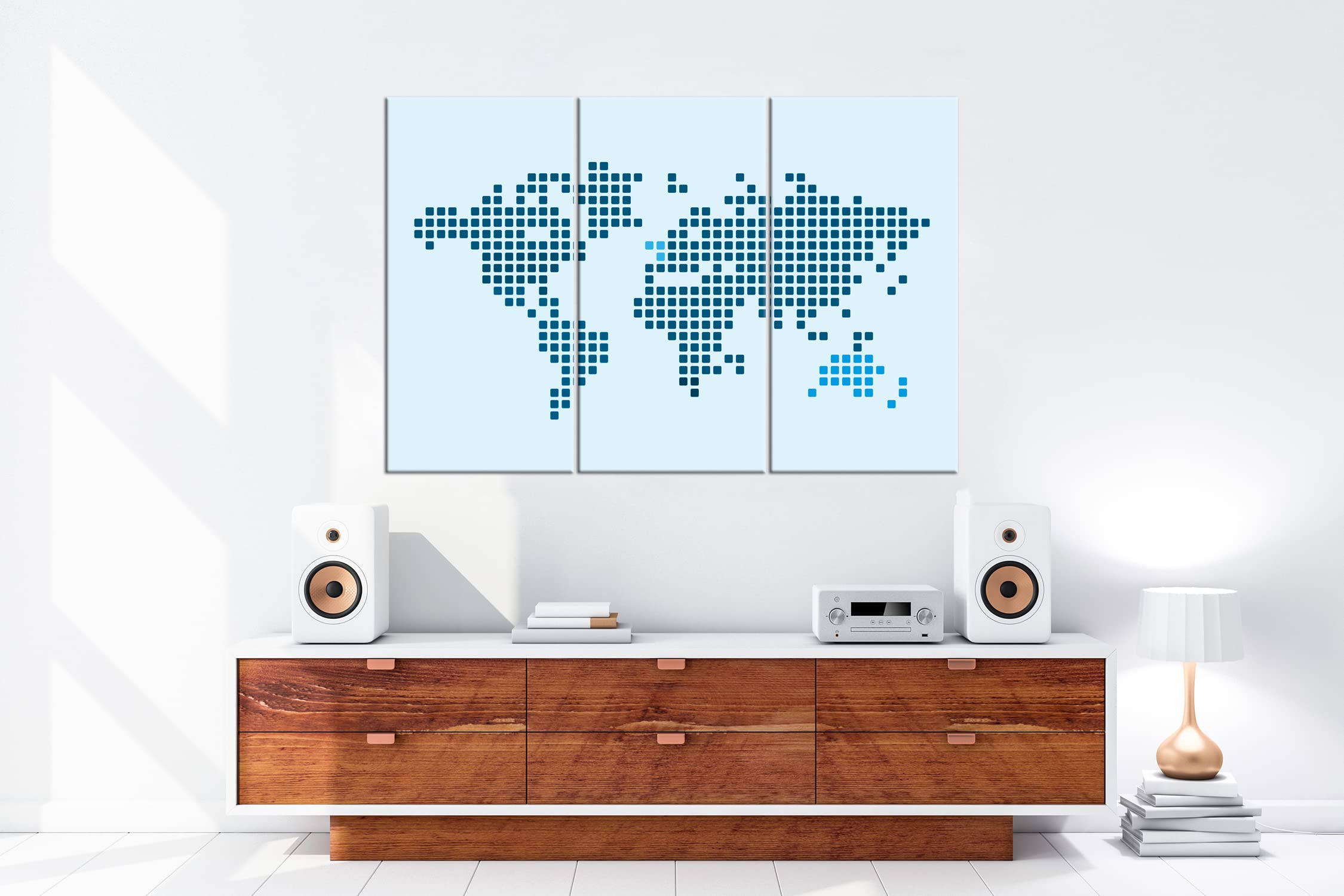 deyoli Carte du monde à pois - Format : 120 x 80 cm (3 pièces) - Impression numérique de qualité supérieure avec cadre en bois véritable