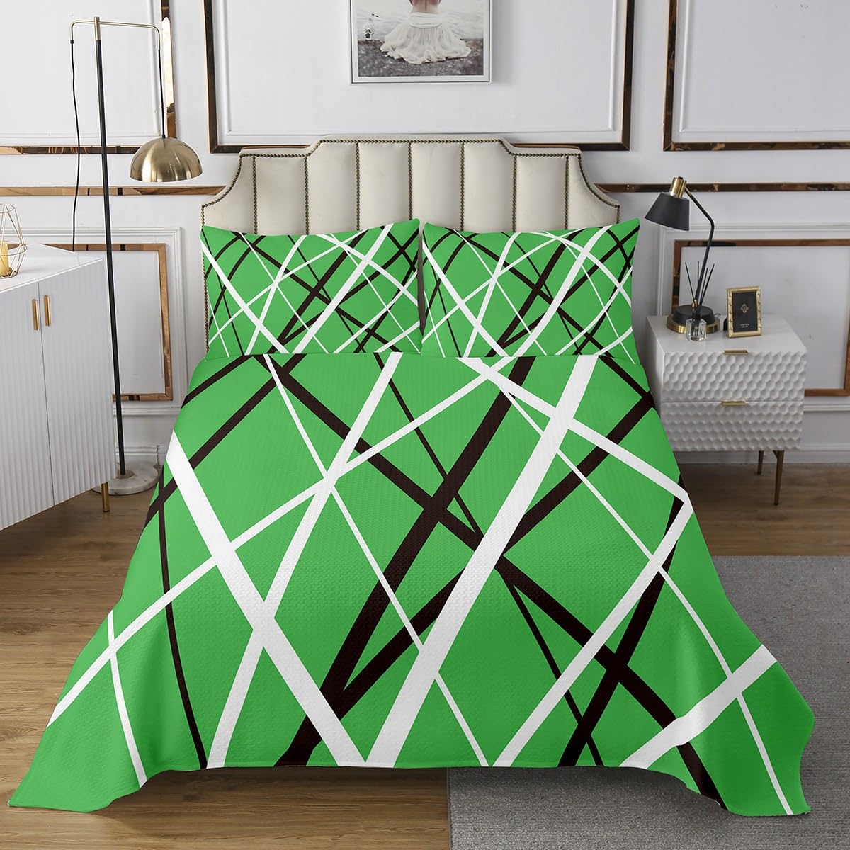 jejeloiu Kids Geometry Stripe Lines Quilted Coverlet King Size, Green Bedspread Boys Girls Modern Art Coverlet Set Geometric Teens Bedroom Decor with 2 Pillow Case