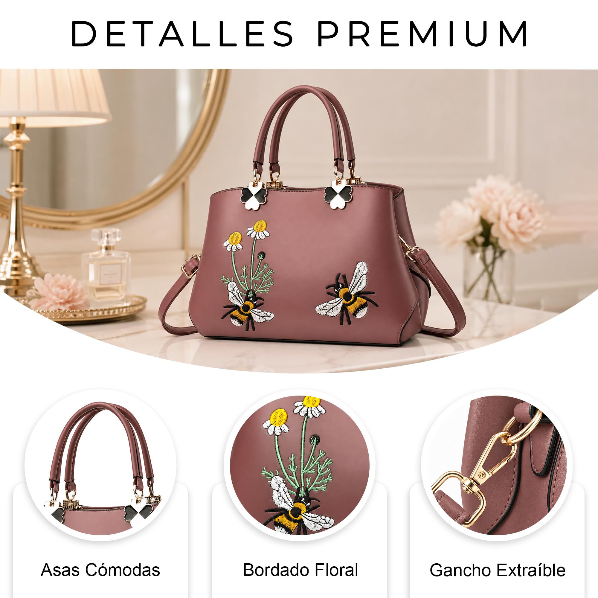 VARLIVOO Elegante Bolsos para Mujer Bolsos de Mano Bolsos Mujer Bolso de Hombro Bordado Totes para Mujer Bolso Señoras Trabajo Viaje Compras PU Cuero Rosa B